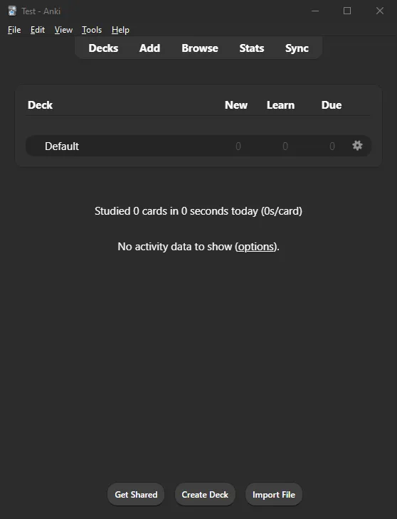 Picture of an empty Anki profile and deck