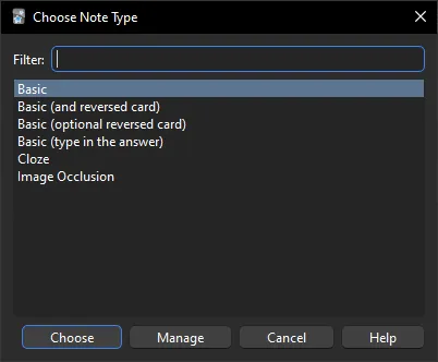 List of different options of card types for Anki card.